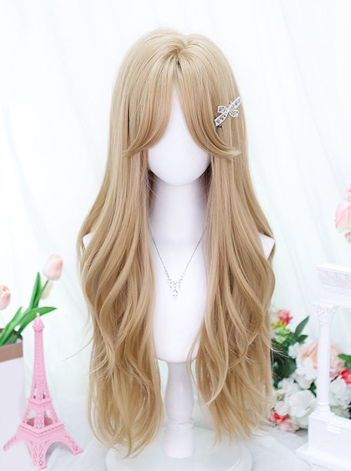 Internet Celebrity Daily Versatile Mid Split Bangs Milk Tea Blonde Long Curly Hair Classic Lolita Full Head Wig