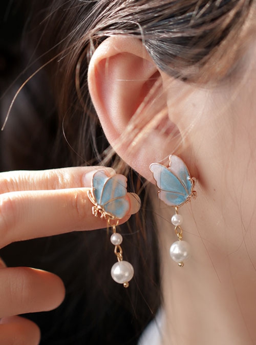 Imitation Burnt Blue Porcelain Chinese Style Butterfly Pearls Pendant Cheongsam Classic Lolita Stud Earrings
