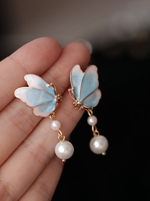 Imitation Burnt Blue Porcelain Chinese Style Butterfly Pearls Pendant Cheongsam Classic Lolita Stud Earrings