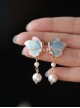 Imitation Burnt Blue Porcelain Chinese Style Butterfly Pearls Pendant Cheongsam Classic Lolita Stud Earrings