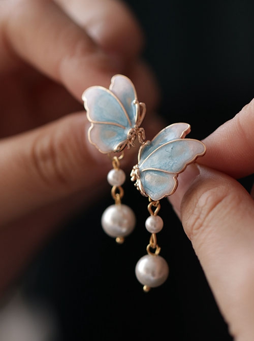 Imitation Burnt Blue Porcelain Chinese Style Butterfly Pearls Pendant Cheongsam Classic Lolita Stud Earrings