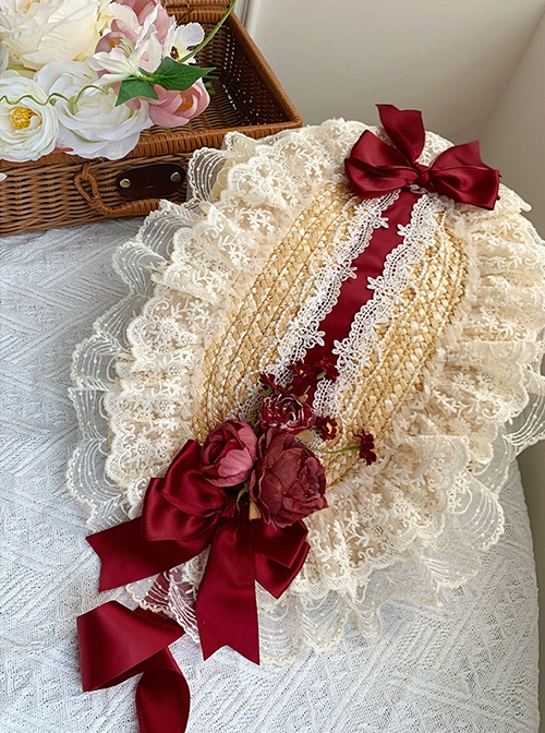 Floral Language Series Pastoral Style Classic Lolita Gorgeous Exquisite Floral Lace Satin Bowknot Straw Flat Hat