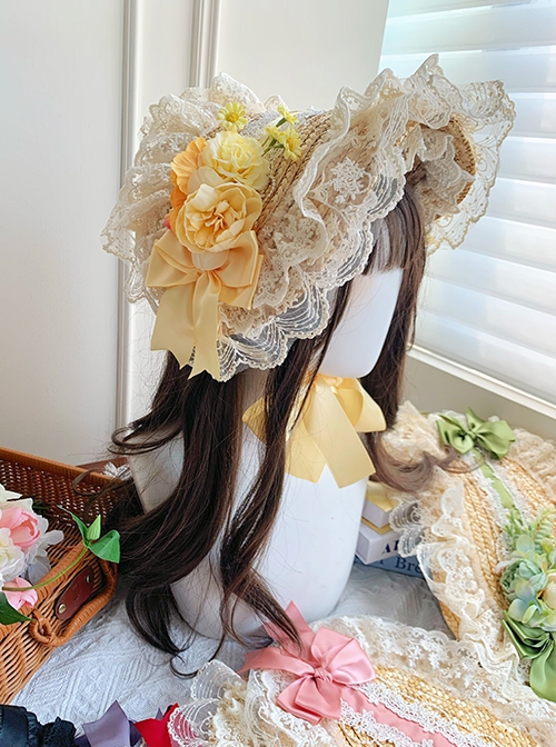 Floral Language Series Pastoral Style Classic Lolita Gorgeous Exquisite Floral Lace Satin Bowknot Straw Flat Hat