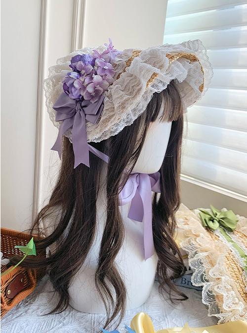 Floral Language Series Pastoral Style Classic Lolita Gorgeous Exquisite Floral Lace Satin Bowknot Straw Flat Hat
