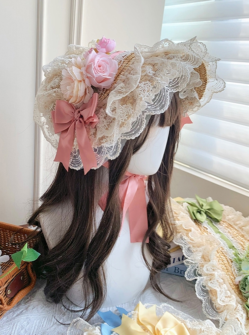 Floral Language Series Pastoral Style Classic Lolita Gorgeous Exquisite Floral Lace Satin Bowknot Straw Flat Hat