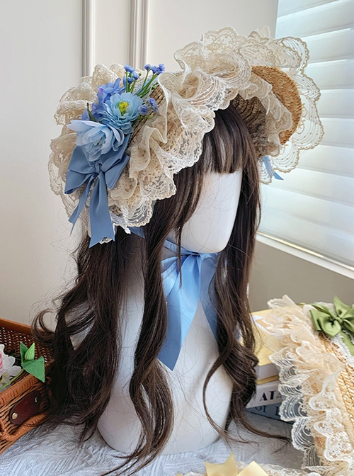 Floral Language Series Pastoral Style Classic Lolita Gorgeous Exquisite Floral Lace Satin Bowknot Straw Flat Hat