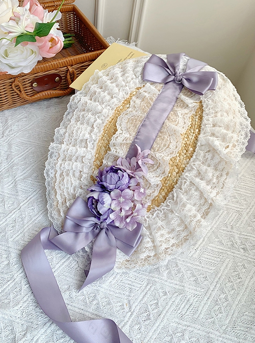 Floral Language Series Pastoral Style Classic Lolita Gorgeous Exquisite Floral Lace Satin Bowknot Straw Flat Hat