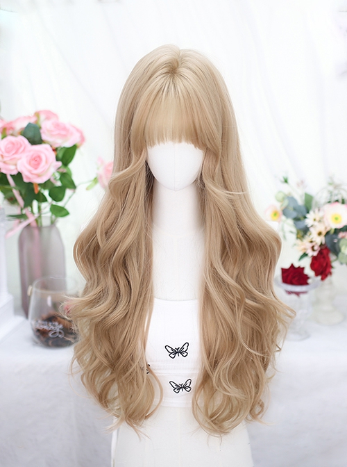Love God Series Elegant Linen Light Golden Flat Bangs Fluffy Long Curly Hair Classic Lolita Full Head Wig
