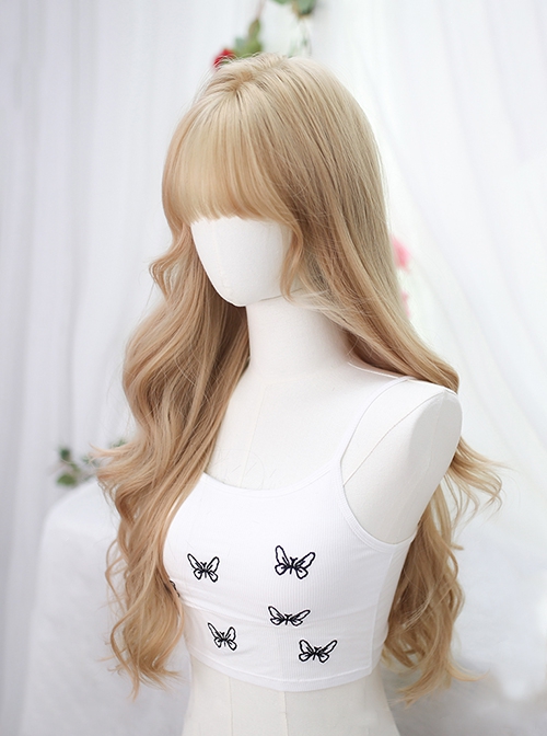 Love God Series Elegant Linen Light Golden Flat Bangs Fluffy Long Curly Hair Classic Lolita Full Head Wig