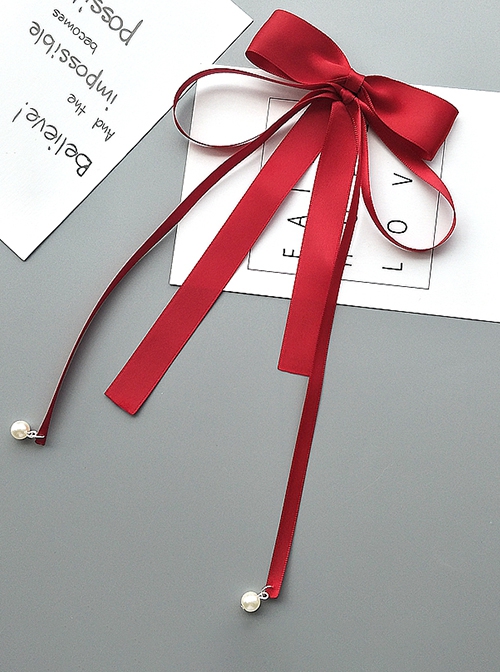 Japanese Style Gentle Sweet Double Layer Satin Ribbon Bowknot Pearl Pendant Tassel Kawaii Fashion Accessory Hair Clip