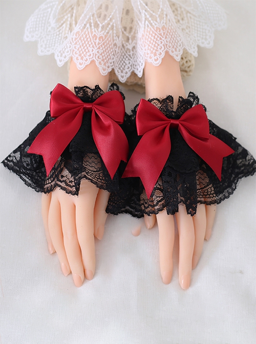 Versatile Deep Color Satin Ribbon Bowknot Black Lace Gothic Lolita Sleeves Gloves Wrist Strap