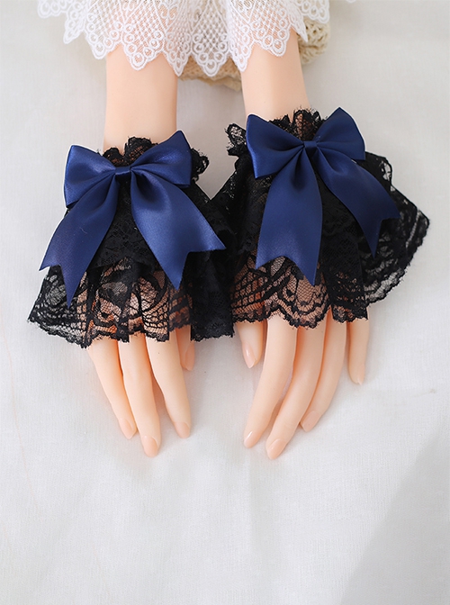 Versatile Deep Color Satin Ribbon Bowknot Black Lace Gothic Lolita Sleeves Gloves Wrist Strap
