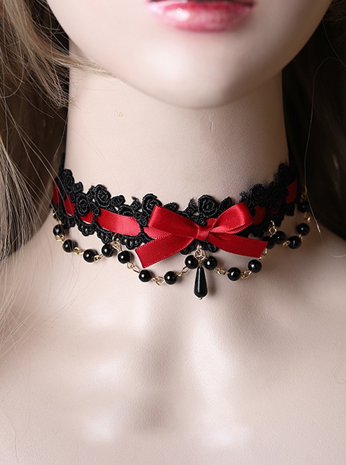 Versatile Sweet Cool Black Bead String Ribbon Pendant Bowknot Rose Lace Gothic Lolita Lace Necklace
