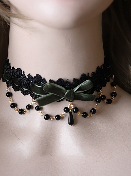 Versatile Sweet Cool Black Bead String Ribbon Pendant Bowknot Rose Lace Gothic Lolita Lace Necklace