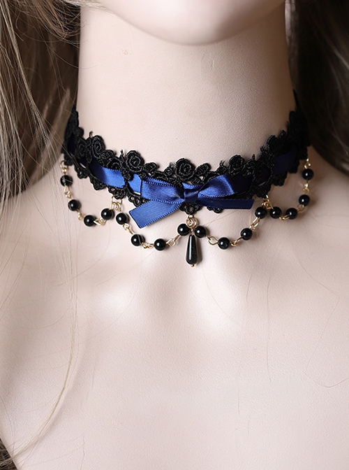 Versatile Sweet Cool Black Bead String Ribbon Pendant Bowknot Rose Lace Gothic Lolita Lace Necklace