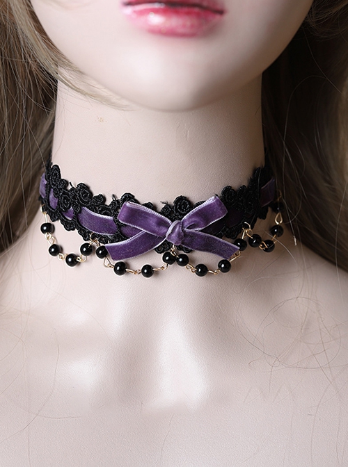 Versatile Sweet Cool Black Bead String Ribbon Pendant Bowknot Rose Lace Gothic Lolita Lace Necklace