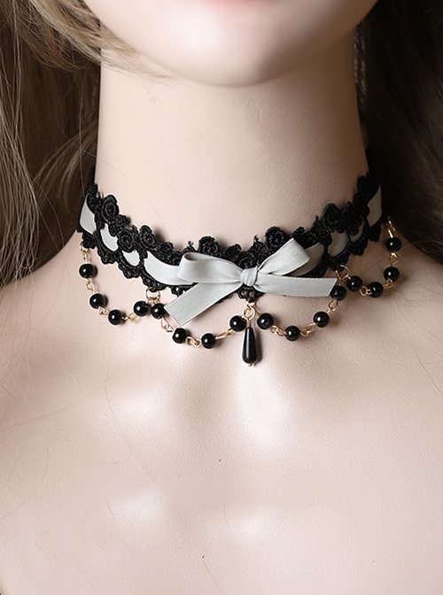Versatile Sweet Cool Black Bead String Ribbon Pendant Bowknot Rose Lace Gothic Lolita Lace Necklace