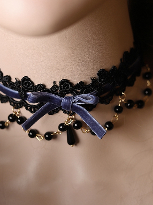 Versatile Sweet Cool Black Bead String Ribbon Pendant Bowknot Rose Lace Gothic Lolita Lace Necklace