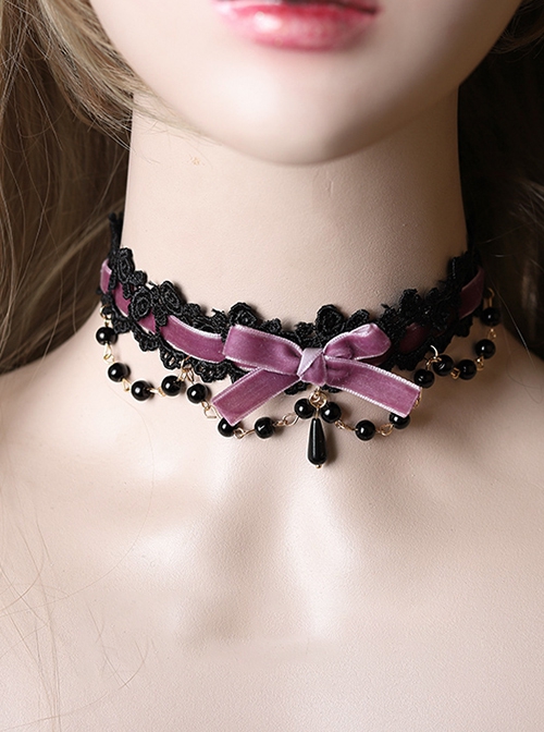 Versatile Sweet Cool Black Bead String Ribbon Pendant Bowknot Rose Lace Gothic Lolita Lace Necklace