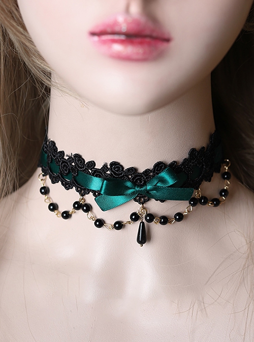 Versatile Sweet Cool Black Bead String Ribbon Pendant Bowknot Rose Lace Gothic Lolita Lace Necklace