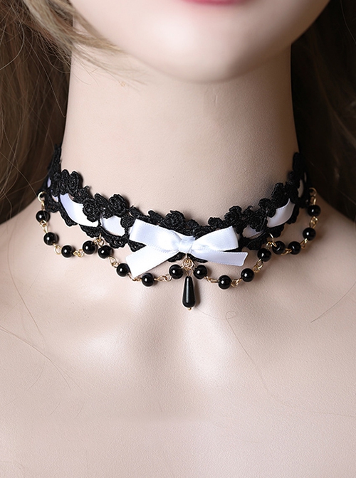 Versatile Sweet Cool Black Bead String Ribbon Pendant Bowknot Rose Lace Gothic Lolita Lace Necklace