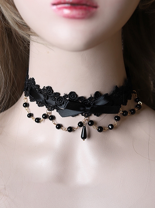Versatile Sweet Cool Black Bead String Ribbon Pendant Bowknot Rose Lace Gothic Lolita Lace Necklace