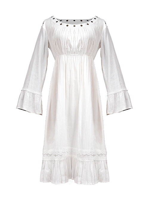 Steampunk Daily Versatile White Jacquard Cotton Fabric Lace Vintage Round Neck Long Sleeve High Waisted Dress