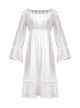 Steampunk Daily Versatile White Jacquard Cotton Fabric Lace Vintage Round Neck Long Sleeve High Waisted Dress