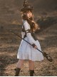 Steampunk Daily Versatile White Jacquard Cotton Fabric Lace Vintage Round Neck Long Sleeve High Waisted Dress