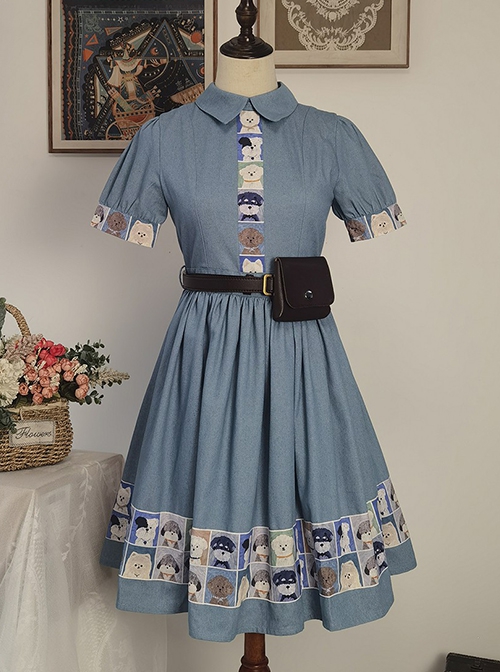 Paw Patrol Series Sweet Daily Cute Vintage Denim Cartoon Puppy Print College Style School Lolita Puff Sleeves Dress
