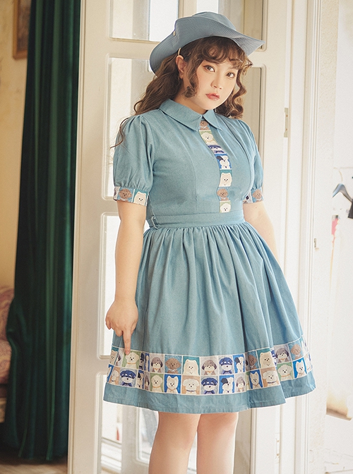 Paw Patrol Series Sweet Daily Cute Vintage Denim Cartoon Puppy Print College Style School Lolita Puff Sleeves Dress