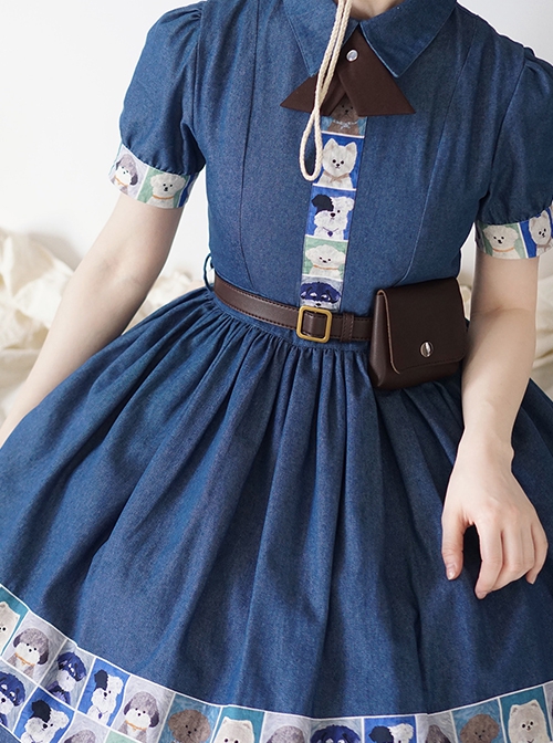 Paw Patrol Series Sweet Daily Cute Vintage Denim Cartoon Puppy Print College Style School Lolita Puff Sleeves Dress