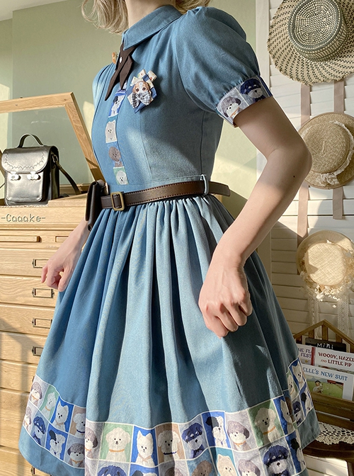 Paw Patrol Series Sweet Daily Cute Vintage Denim Cartoon Puppy Print College Style School Lolita Puff Sleeves Dress