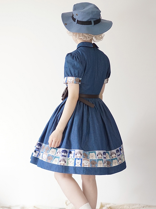 Paw Patrol Series Sweet Daily Cute Vintage Denim Cartoon Puppy Print College Style School Lolita Puff Sleeves Dress