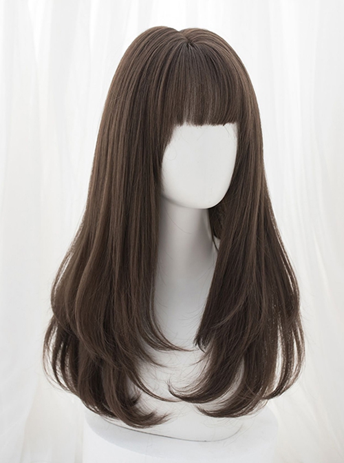 College Style Daily Flat Bangs Layered Nature Cold Brown Smooth Slightly Curly Long Hair Classic Lolita Wig