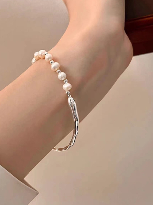 Silver Exquisite Stylish Simplicity Urban Beauty Asymmetric Electroplated Alloy Twig Pearl Chain Classic Lolita Bracelet