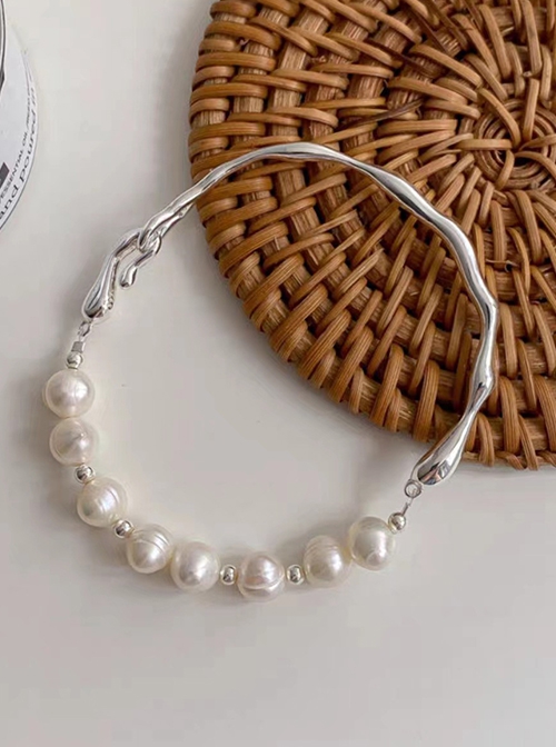 Silver Exquisite Stylish Simplicity Urban Beauty Asymmetric Electroplated Alloy Twig Pearl Chain Classic Lolita Bracelet