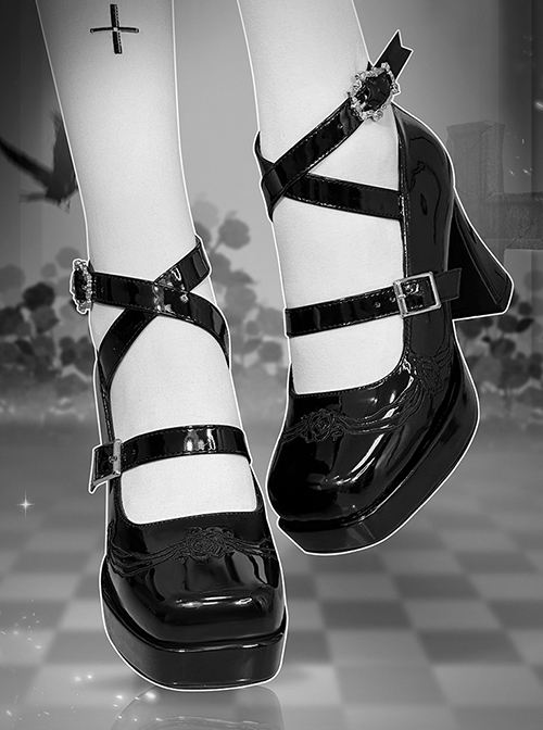 Cemetery Cake Series Subculture Y2K Embroidery Patent Leather Black Platform High Heel Mary Jane Shoes