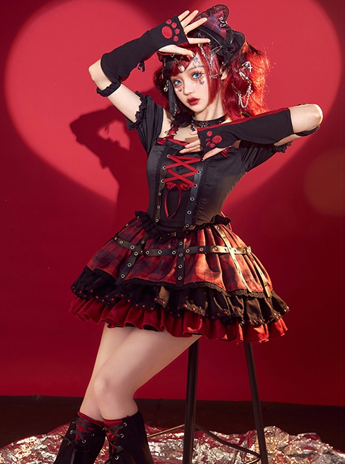 Shibuya Kitty Series Black Red Plaid Ribbon Bowknot Idol Subculture Y2K Bare Shoulders Punk Lolita Dress