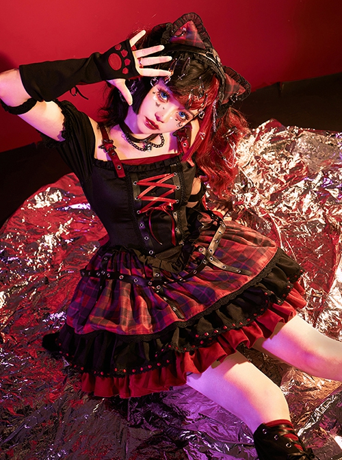 Shibuya Kitty Series Black Red Plaid Ribbon Bowknot Idol Subculture Y2K Bare Shoulders Punk Lolita Dress