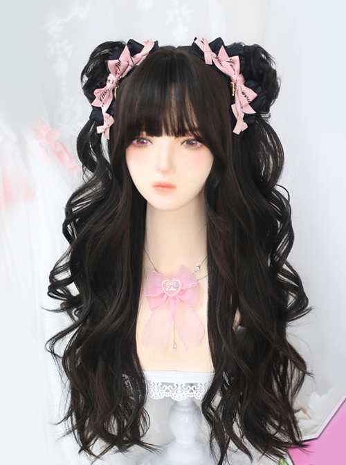 Black Natural Simulated Cute Flat Bangs Anime Idol Style Hairpin Twin Ponytails Long Curly Hair Sweet Lolita Wig