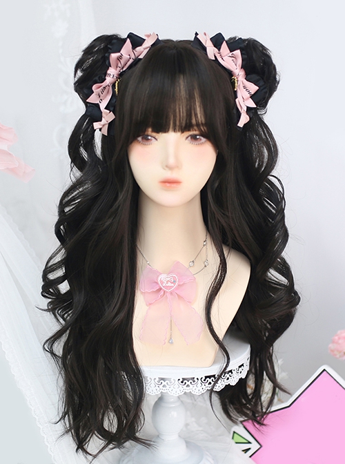 Black Natural Simulated Cute Flat Bangs Anime Idol Style Hairpin Twin Ponytails Long Curly Hair Sweet Lolita Wig