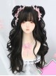 Black Natural Simulated Cute Flat Bangs Anime Idol Style Hairpin Twin Ponytails Long Curly Hair Sweet Lolita Wig
