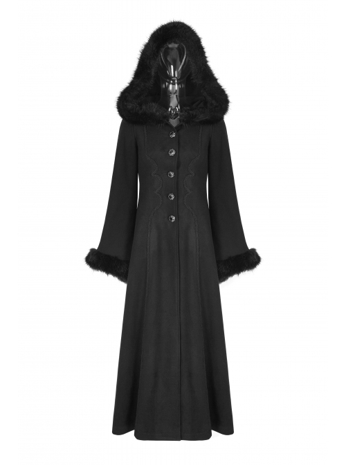 Gothic Style Exquisite Ribbon As Disc Flowers Retro Button Winter Warm Women's Black Woolen Long Hooded Coat