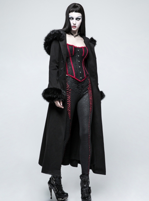 Gothic Style Exquisite Ribbon As Disc Flowers Retro Button Winter Warm Women's Black Woolen Long Hooded Coat