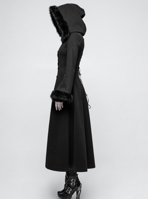 Gothic Style Exquisite Ribbon As Disc Flowers Retro Button Winter Warm Women's Black Woolen Long Hooded Coat