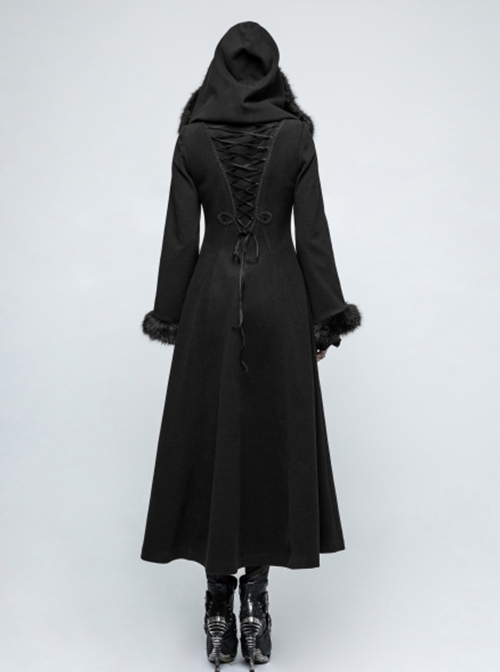 Gothic Style Exquisite Ribbon As Disc Flowers Retro Button Winter Warm Women's Black Woolen Long Hooded Coat