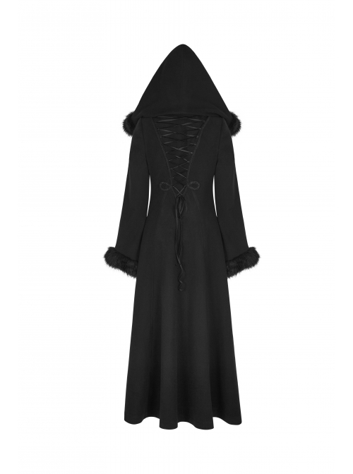 Gothic Style Exquisite Ribbon As Disc Flowers Retro Button Winter Warm Women's Black Woolen Long Hooded Coat