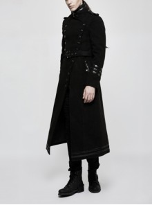 Punk Style High Collar Unique Metal Button Decoration Leather Splicing Handsome Black Woolen Long Coat