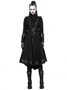 Punk Style High Collar Unique Metal Button Decoration Leather Splicing Handsome Black Woolen Long Coat